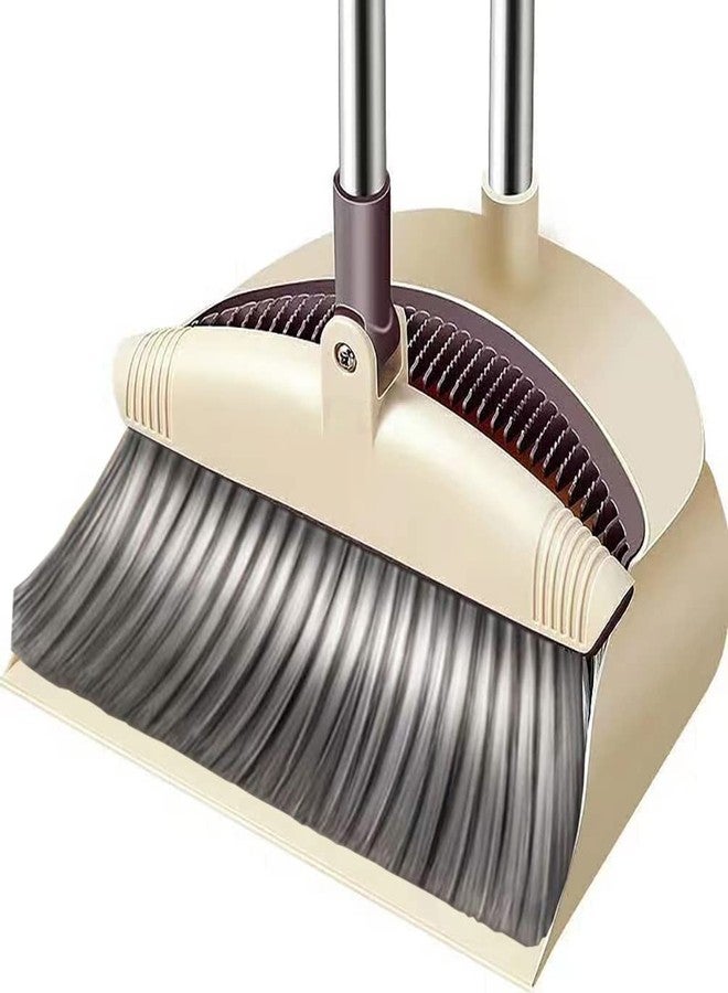 Jingyuan Broom Set Soft Bristle,Broom And Dustpan EXTRA LONG 47 inches handle-Dust And Brush Upright (Plastic , Hard_Floor) Beige - Image 1